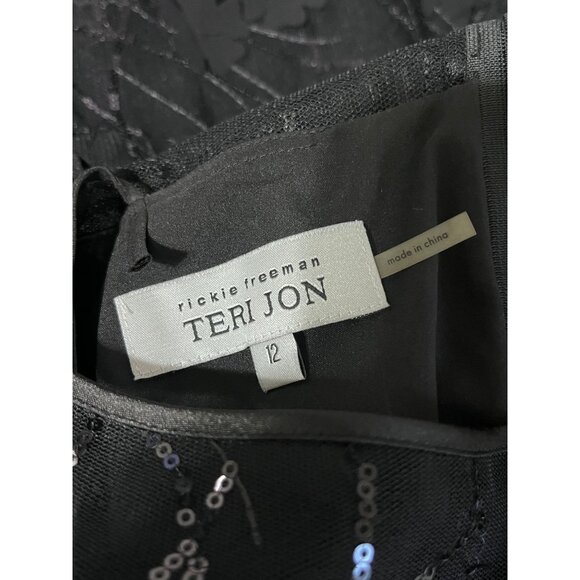 RICKIE FREEMAN TERI JON Dress Tea Length Sequins 3D Floral Appliques Black 12 - Picture 10 of 16